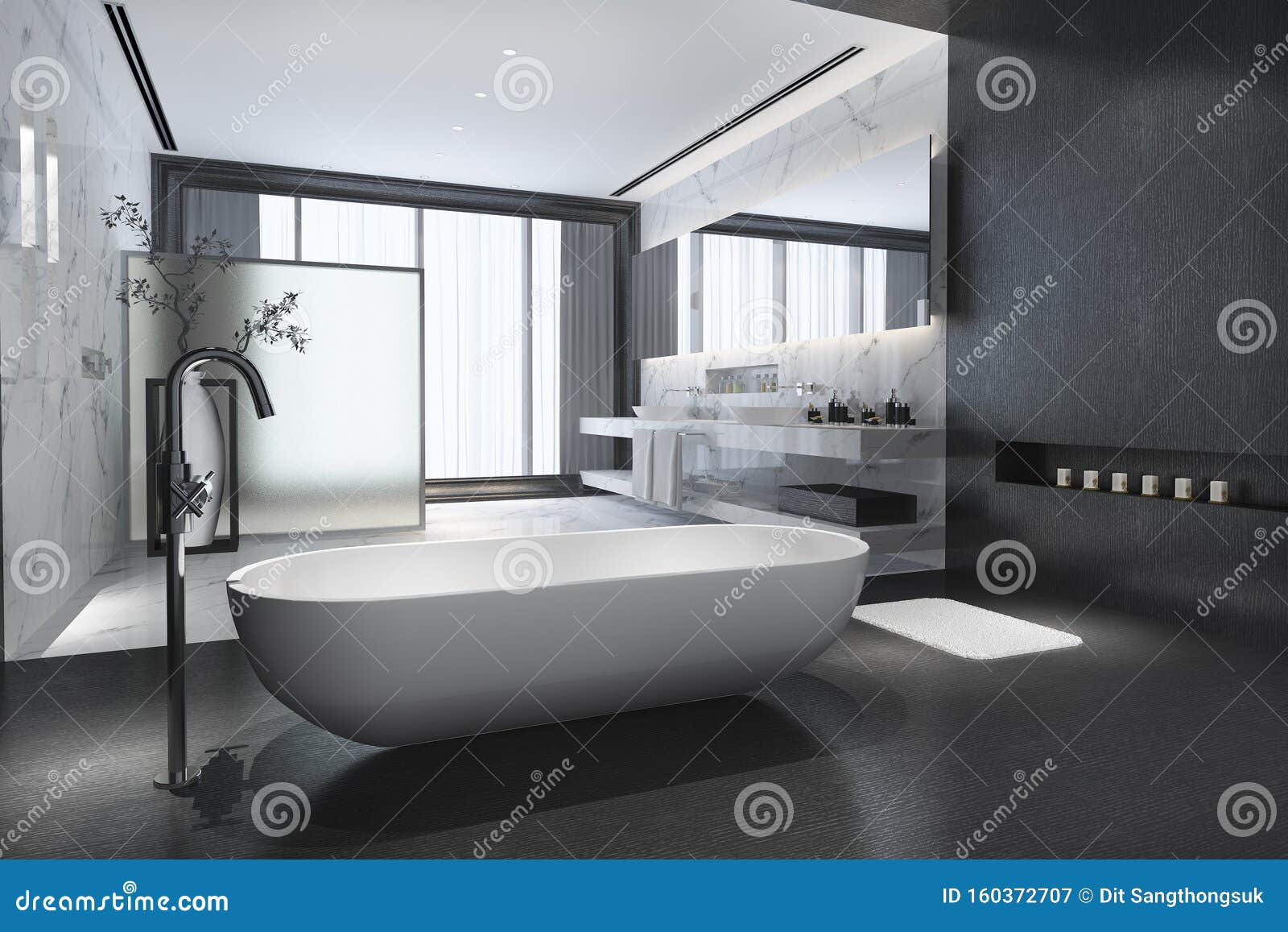 3d Rendering Modern Black Stone Bathroom with Luxury Tile Decor with