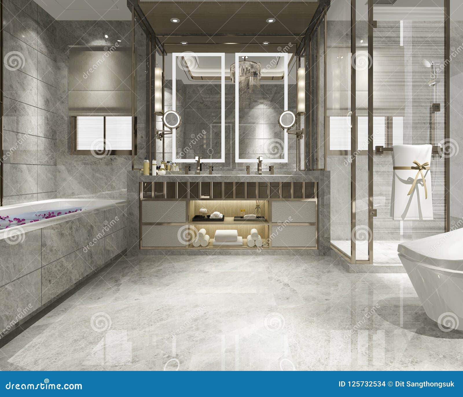 3d Rendering Modern Bathroom with Luxury Tile Decor Stock Illustration ...