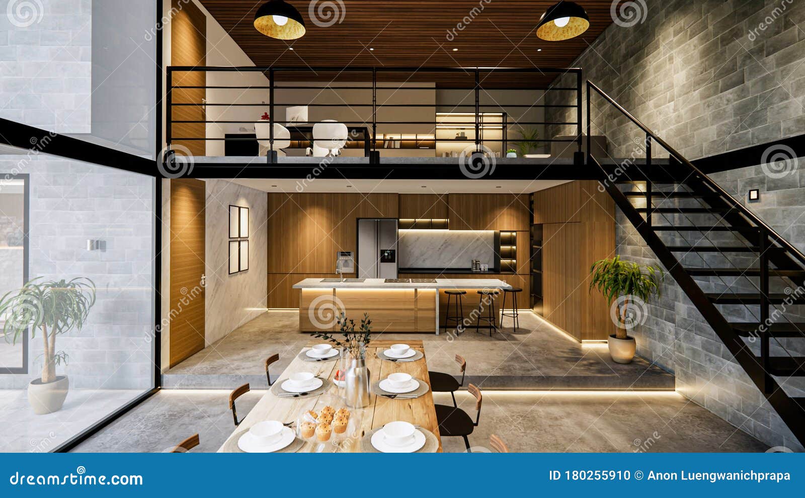 3d Rendering. Interior House Modern Open Living Space with Kitchen ...