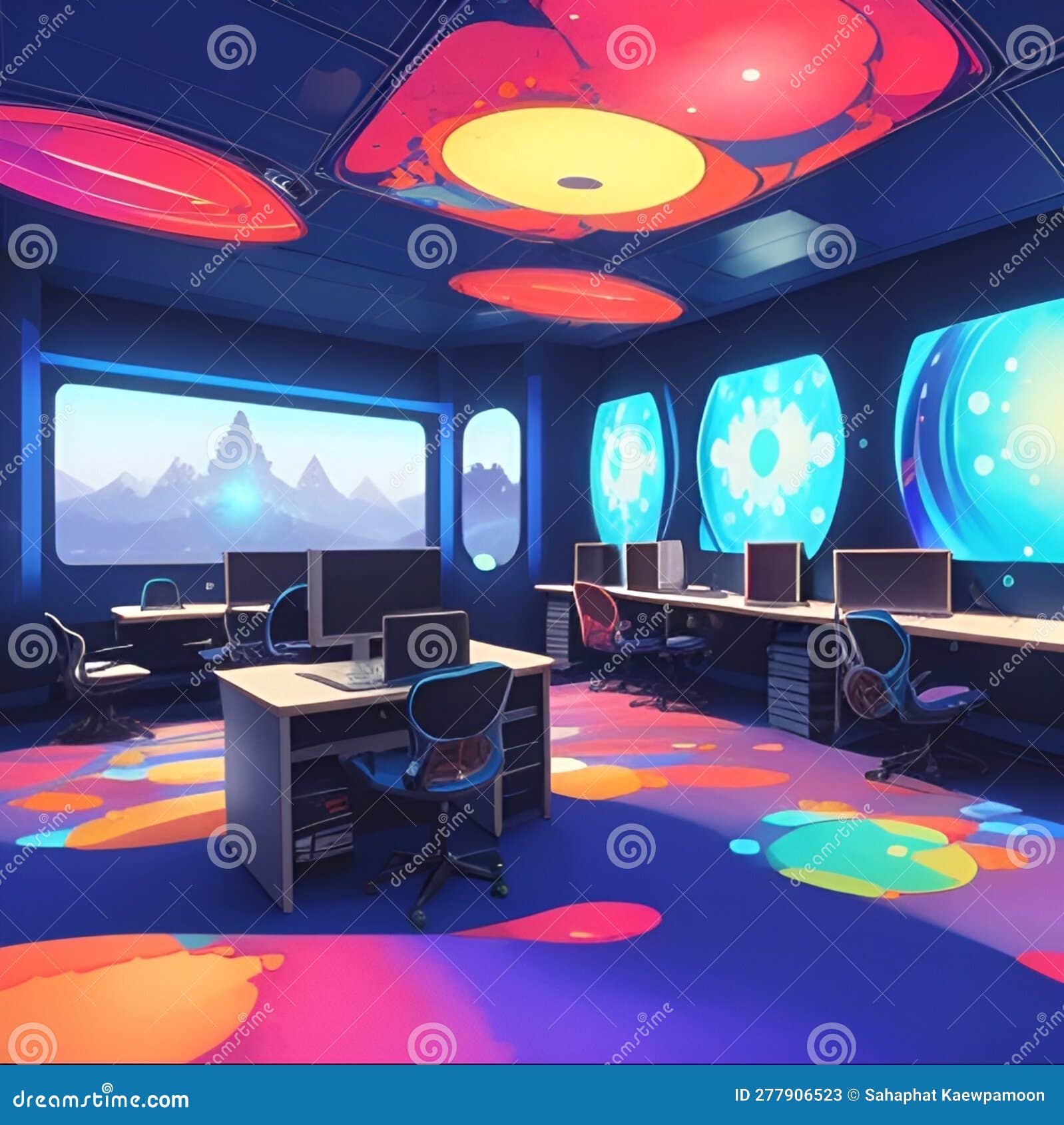 3D Rendering of the Interior of a Modern Office in Neon Light Stock Illustration Illustration