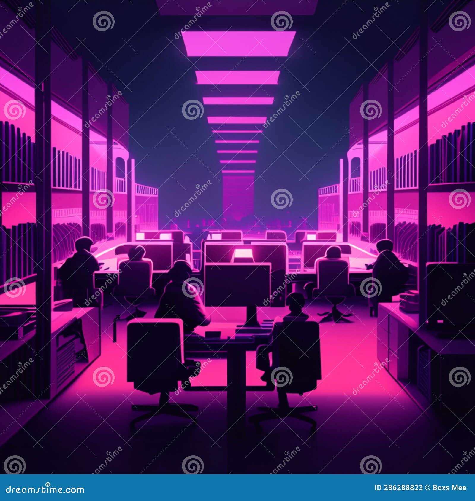 3D Rendering of the Interior of a Modern Office with Neon Lighting Generative AI Stock