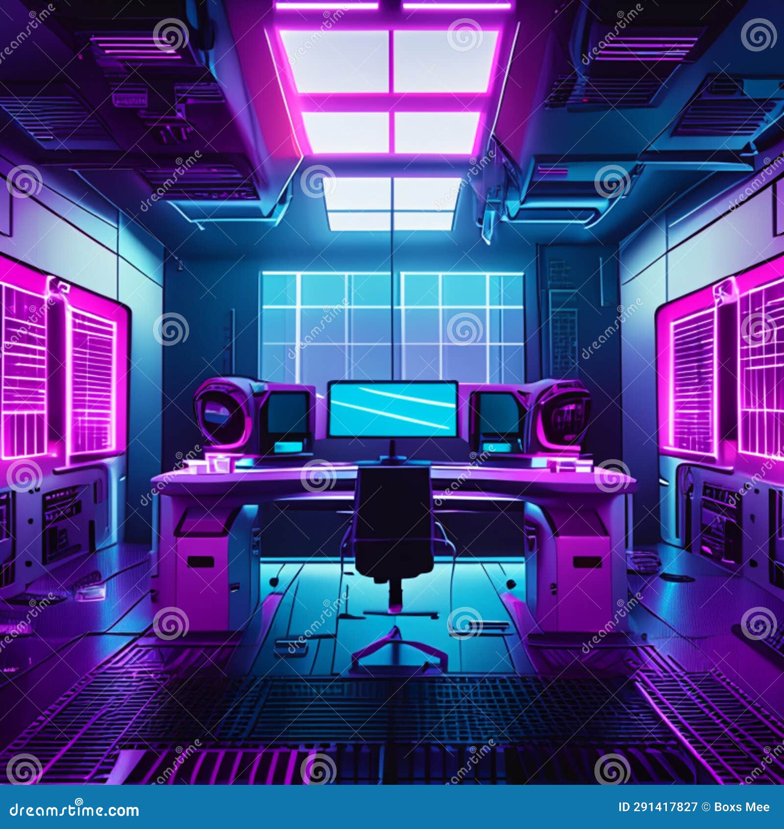 3D Rendering of the Interior of a Modern Office with Neon Lights Generative AI Stock