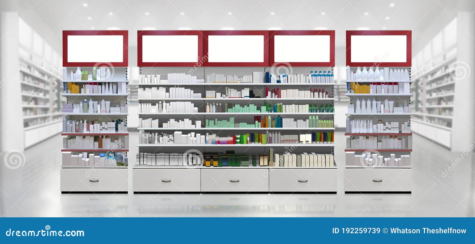3d rendering interior of pharmacy store. drugs, pills, skincare and cosmetic products on shelf