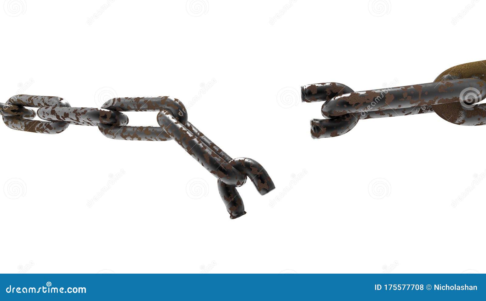 3d Rendering of Iron Chain Broken Isolated with White Stock