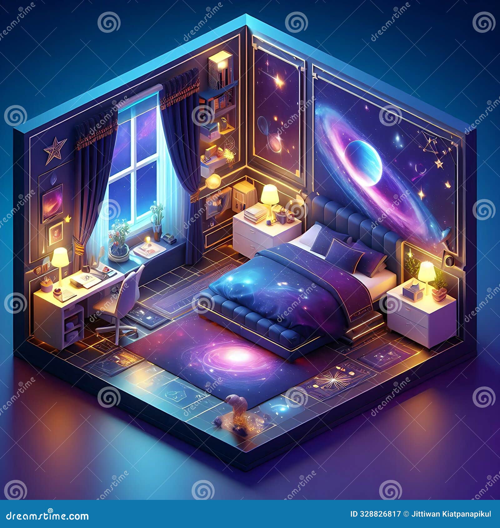 3d rendering of isometric galaxy space themed cozy bedroom on dark background, interior house  concept