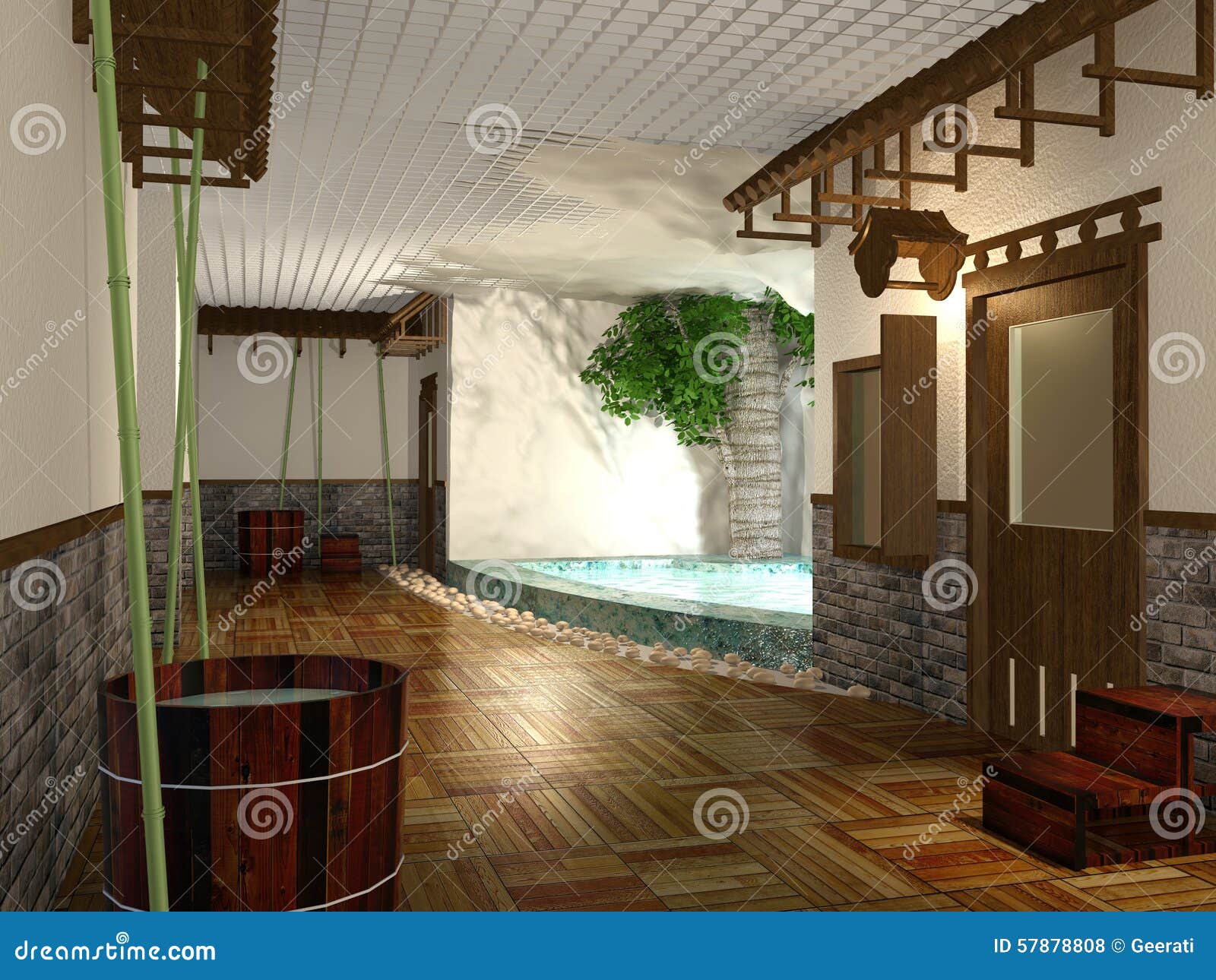 3D Rendering Japanese Style Public Shower Room Interior Stock Photo
