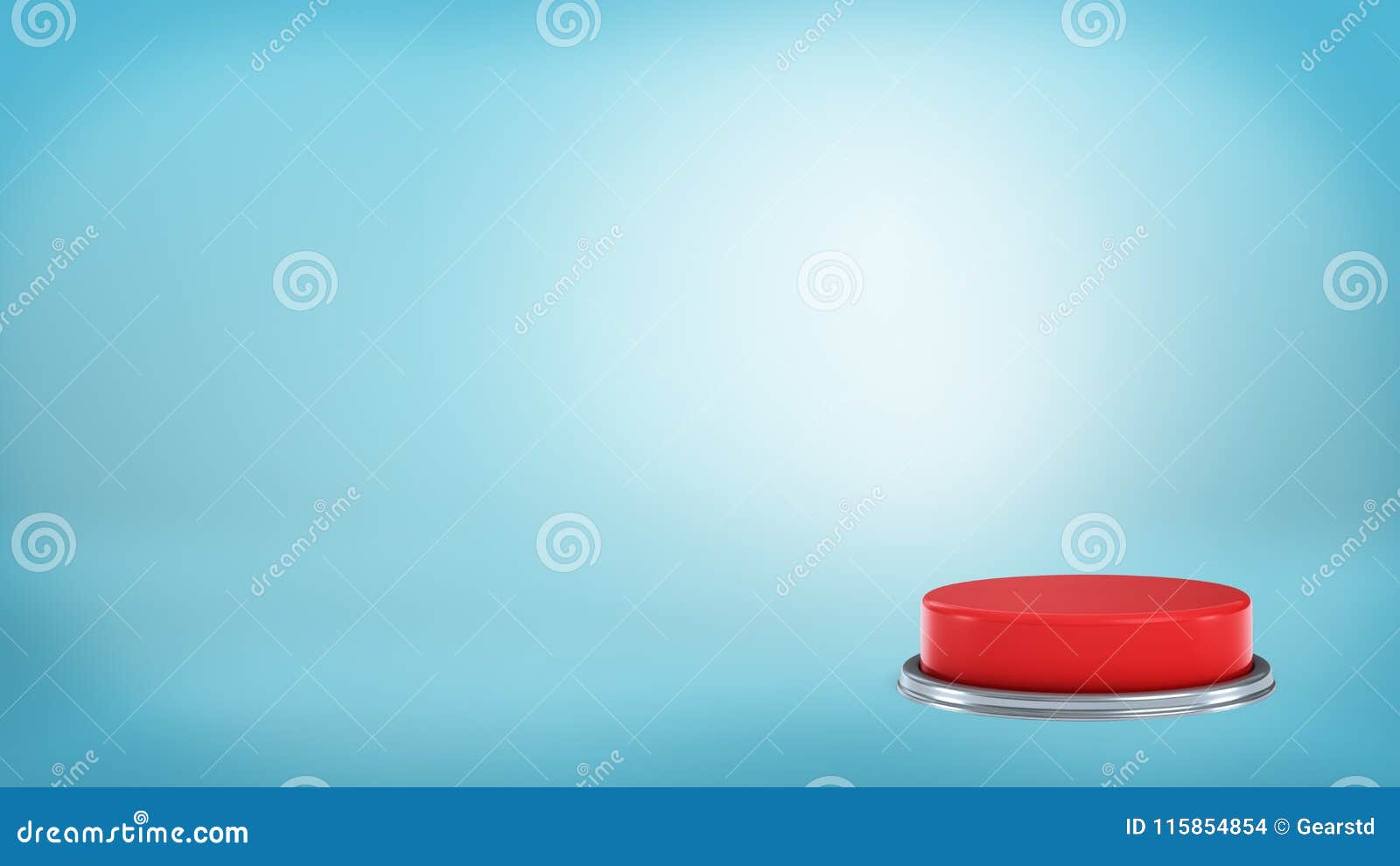 3d rendering of a large round red push button standing on a blue background in an off position.