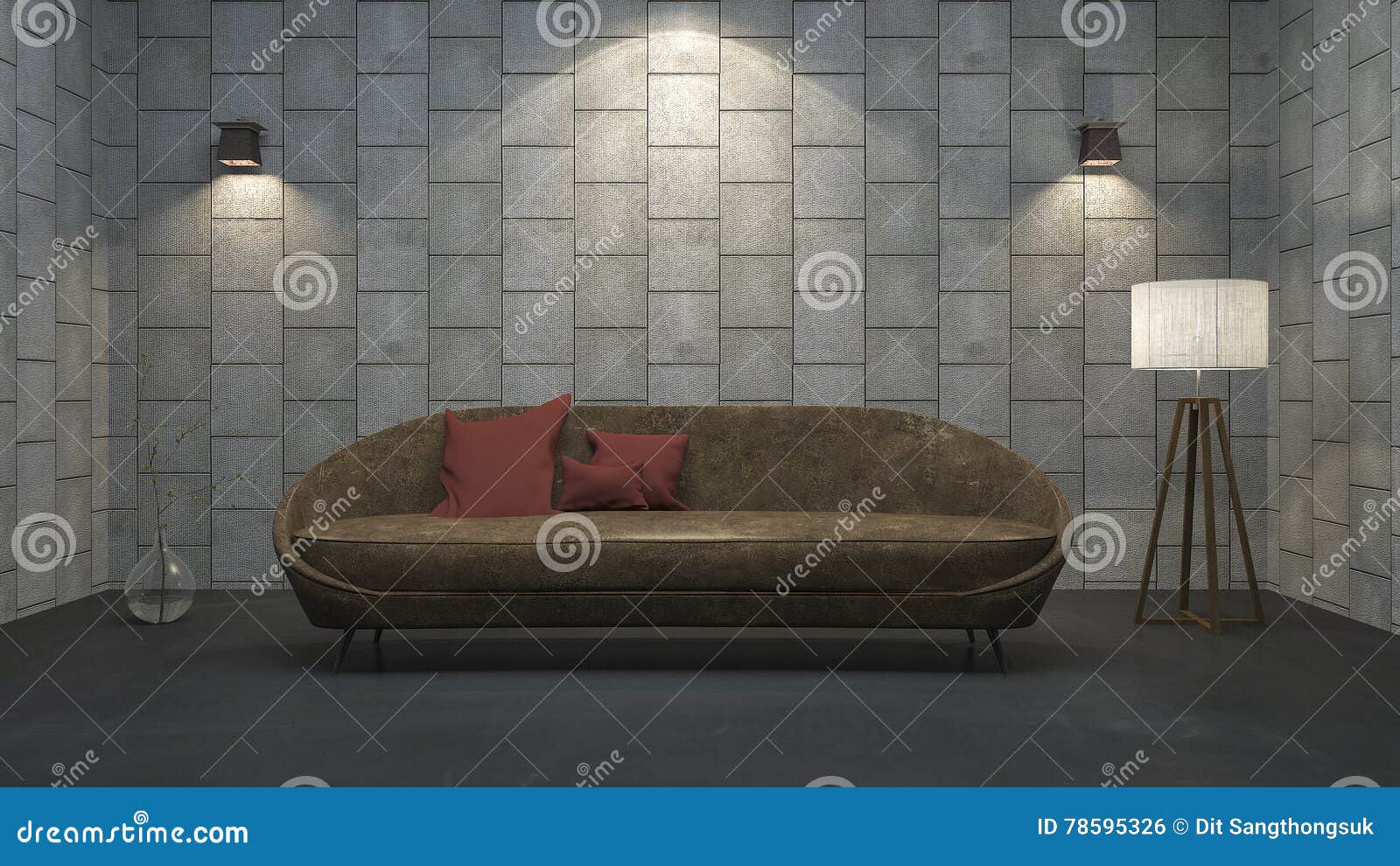 3d rendering leather sofa with red pillow in concrete texture room