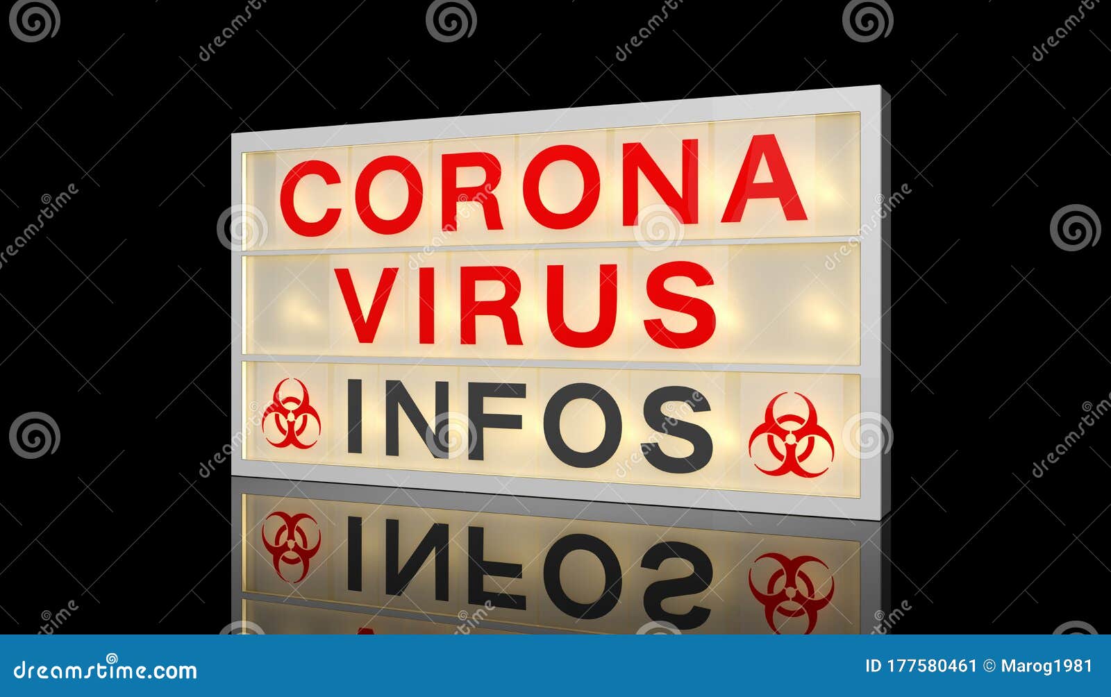 3d rendering of a led lightbox with text coronavius - infos
