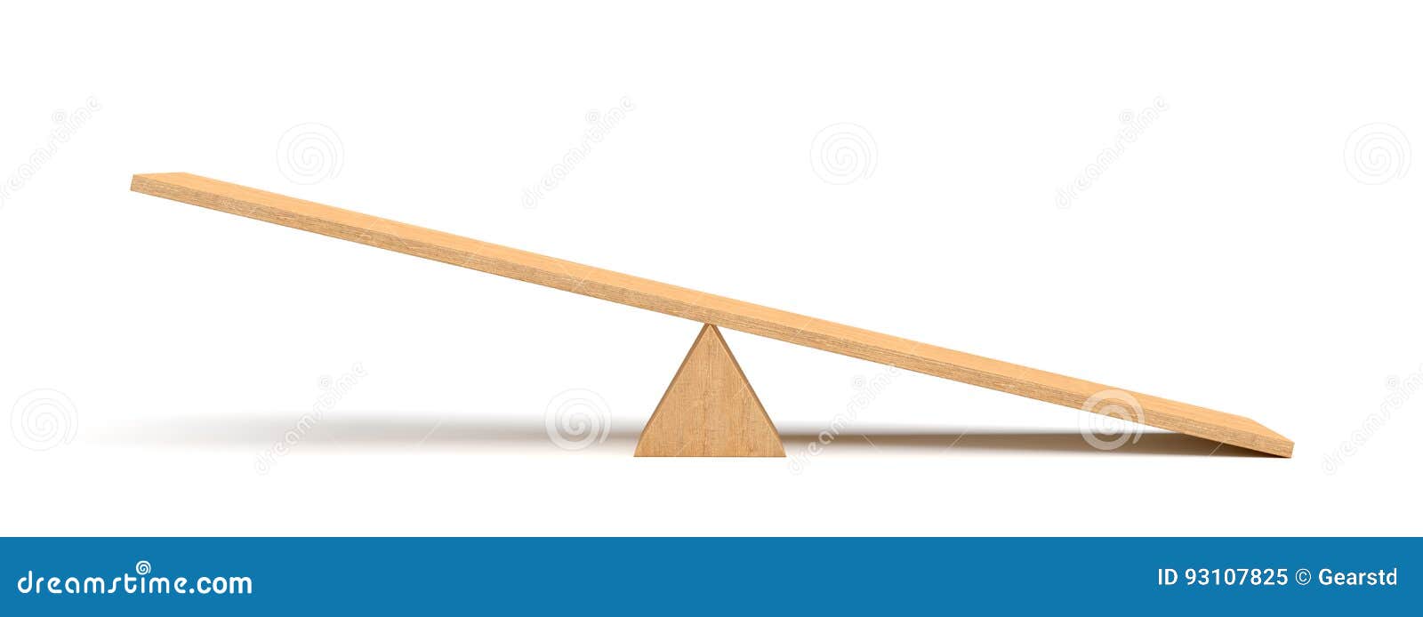 3d rendering of a light wooden seesaw with the right side leaning to the ground on white background.