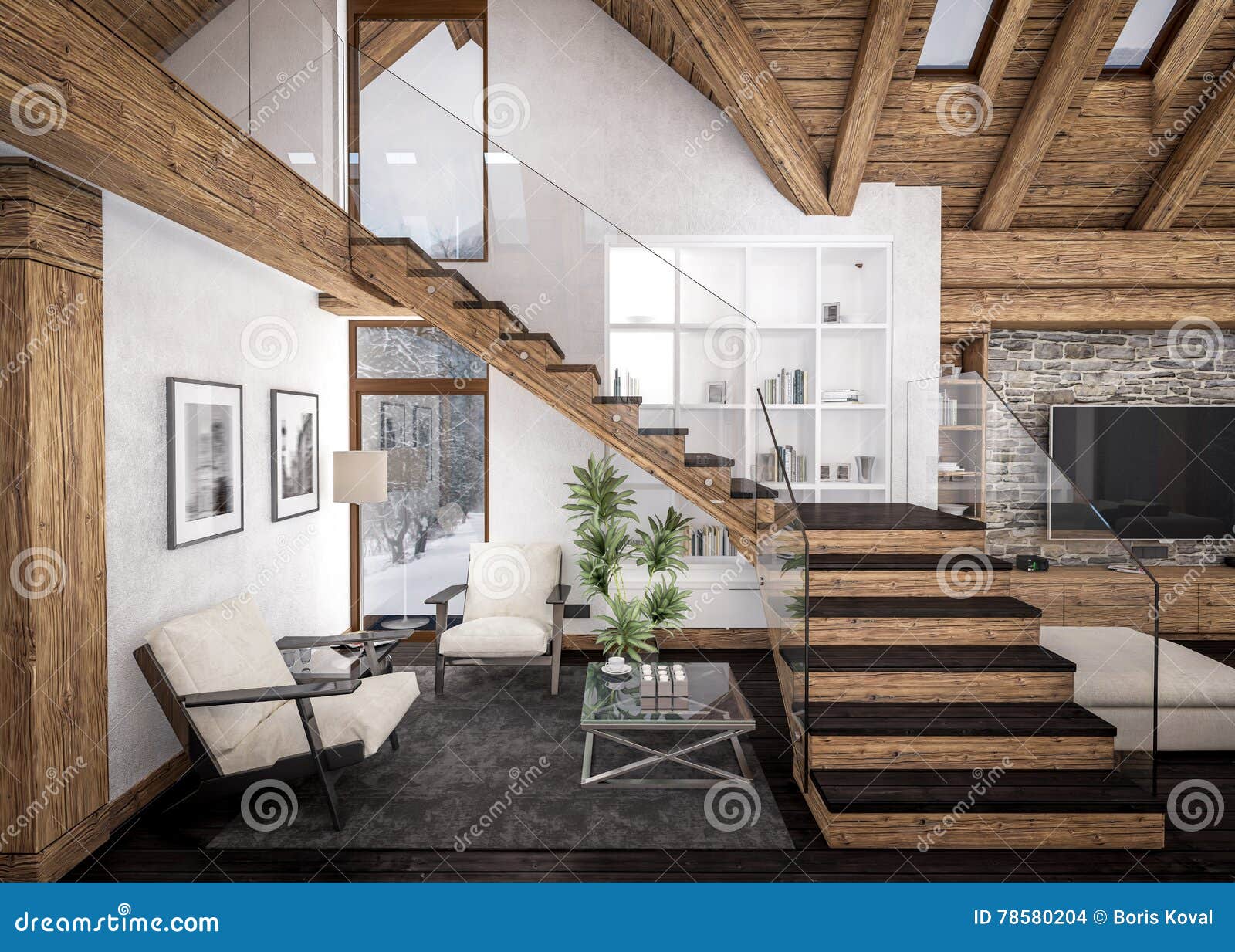 3D Rendering of Living Room of Chalet Stock Illustration - Illustration ...