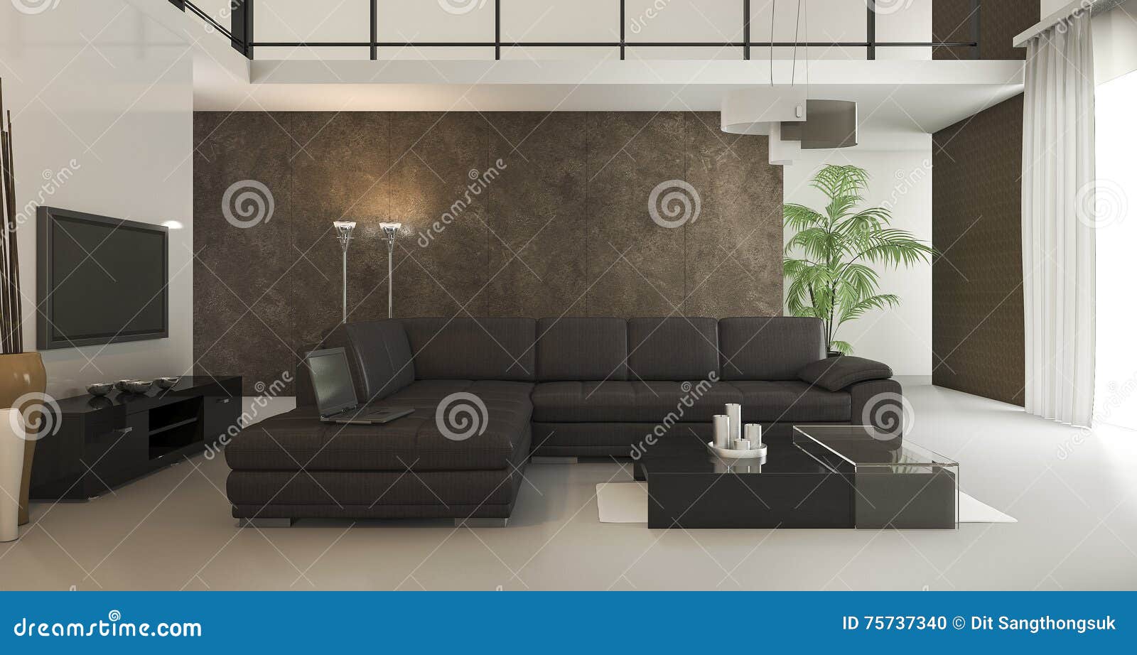 3d Rendering Loft Brown Wallpaper Living Room With Daylight Stock