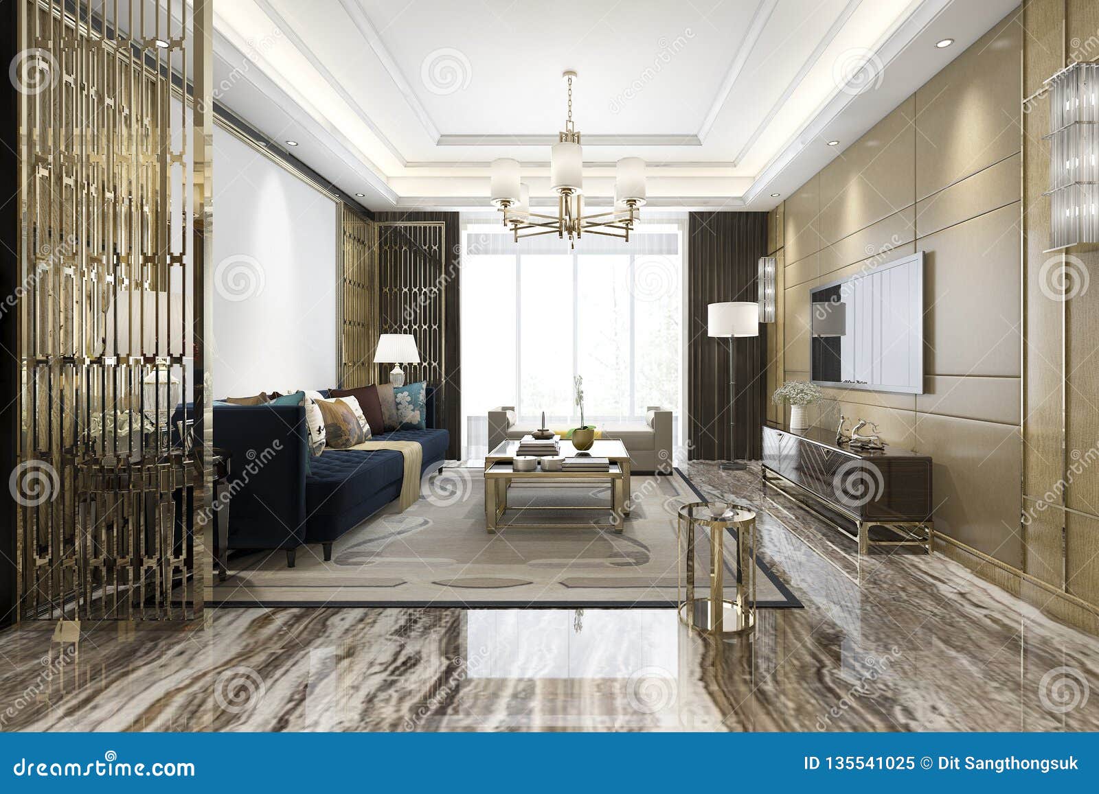 3d Rendering Luxury Classic Living Room With Marble Tile And