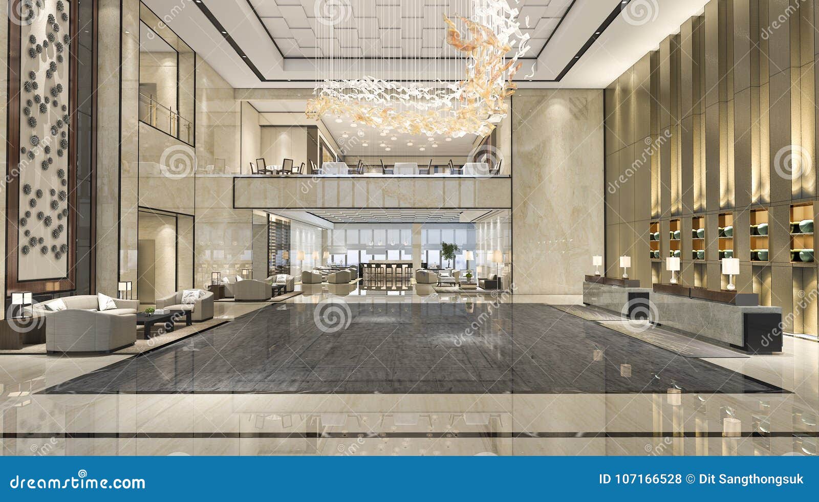 3D Rendering Luxury Hotel Reception Hall And Lounge Restaurant