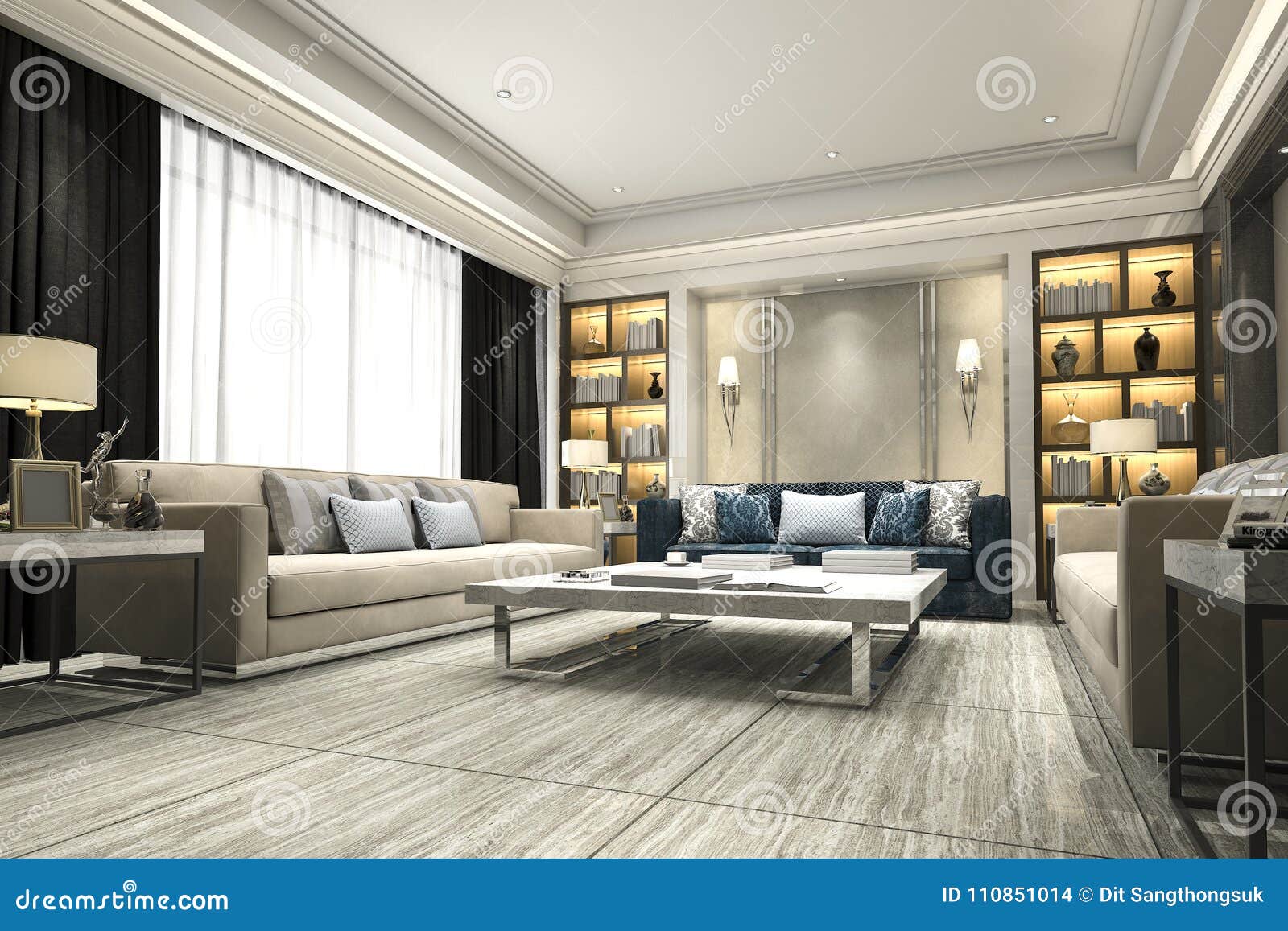 3d Rendering Luxury And Modern Living Room With Bookshelf