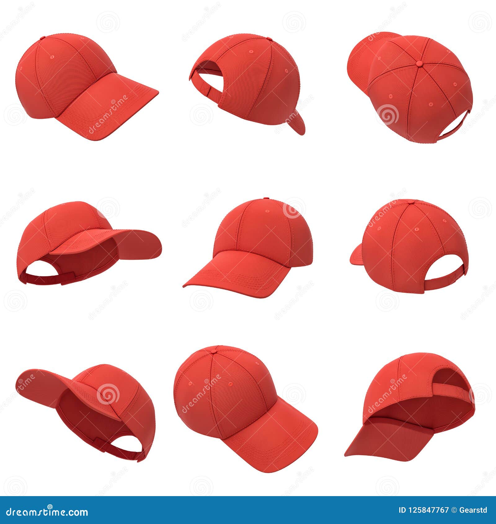 3d rendering of many red baseball caps hanging on a white background in different angles.