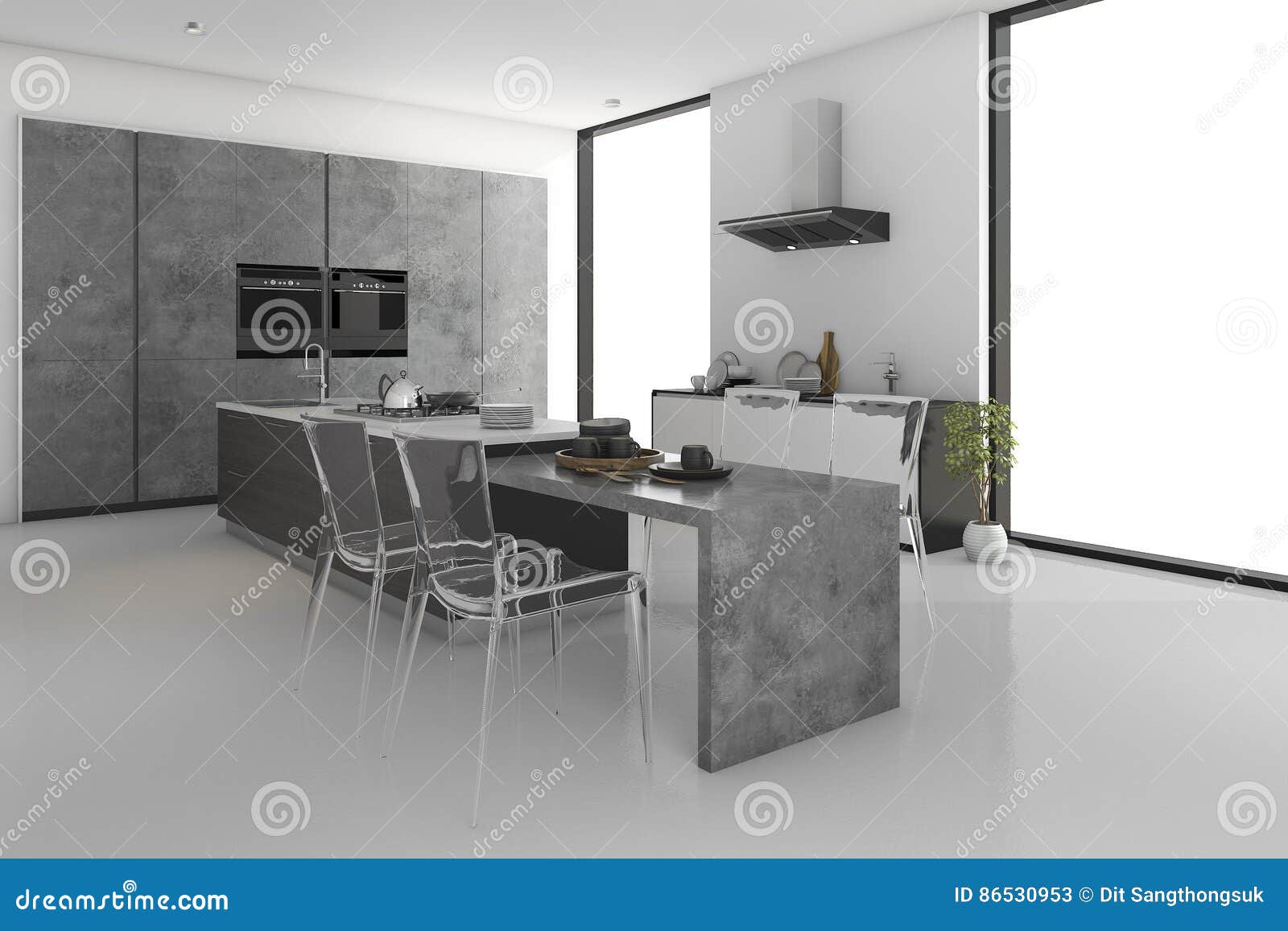 3d Rendering Minimal Loft Concrete Kitchen And Dining Room Stock