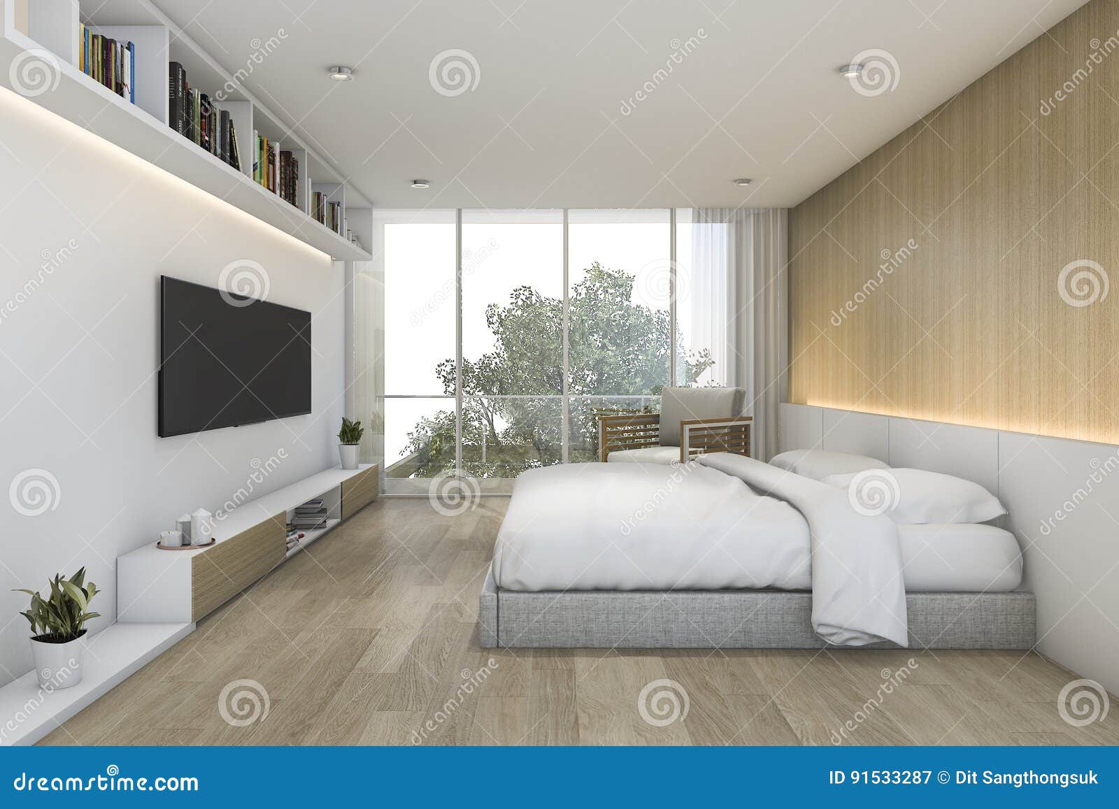 3d Rendering Minimal Wood Bedroom With Tv And Shelf Stock