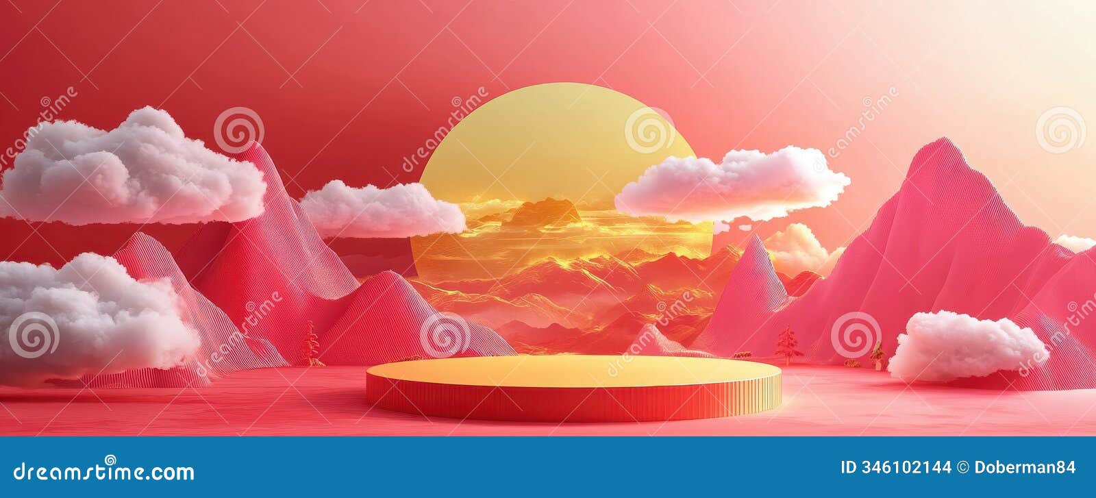 3d rendering of a minimalist abstract landscape in warm tones with a large sun, clouds, and mountain 