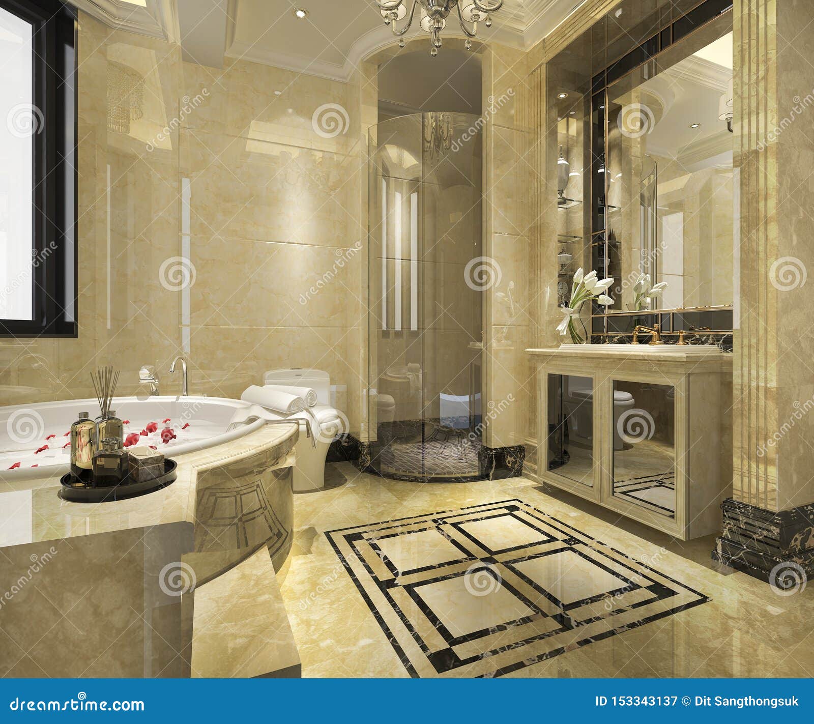 3d Rendering Modern Classic Bathroom With Luxury Tile Decor Stock