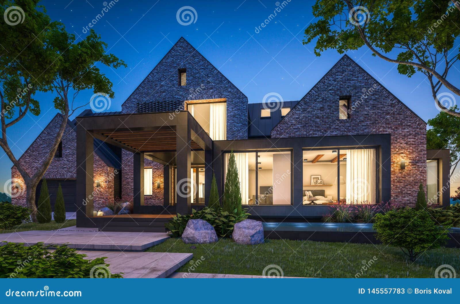 3d rendering of modern clinker house on the ponds with pool in night