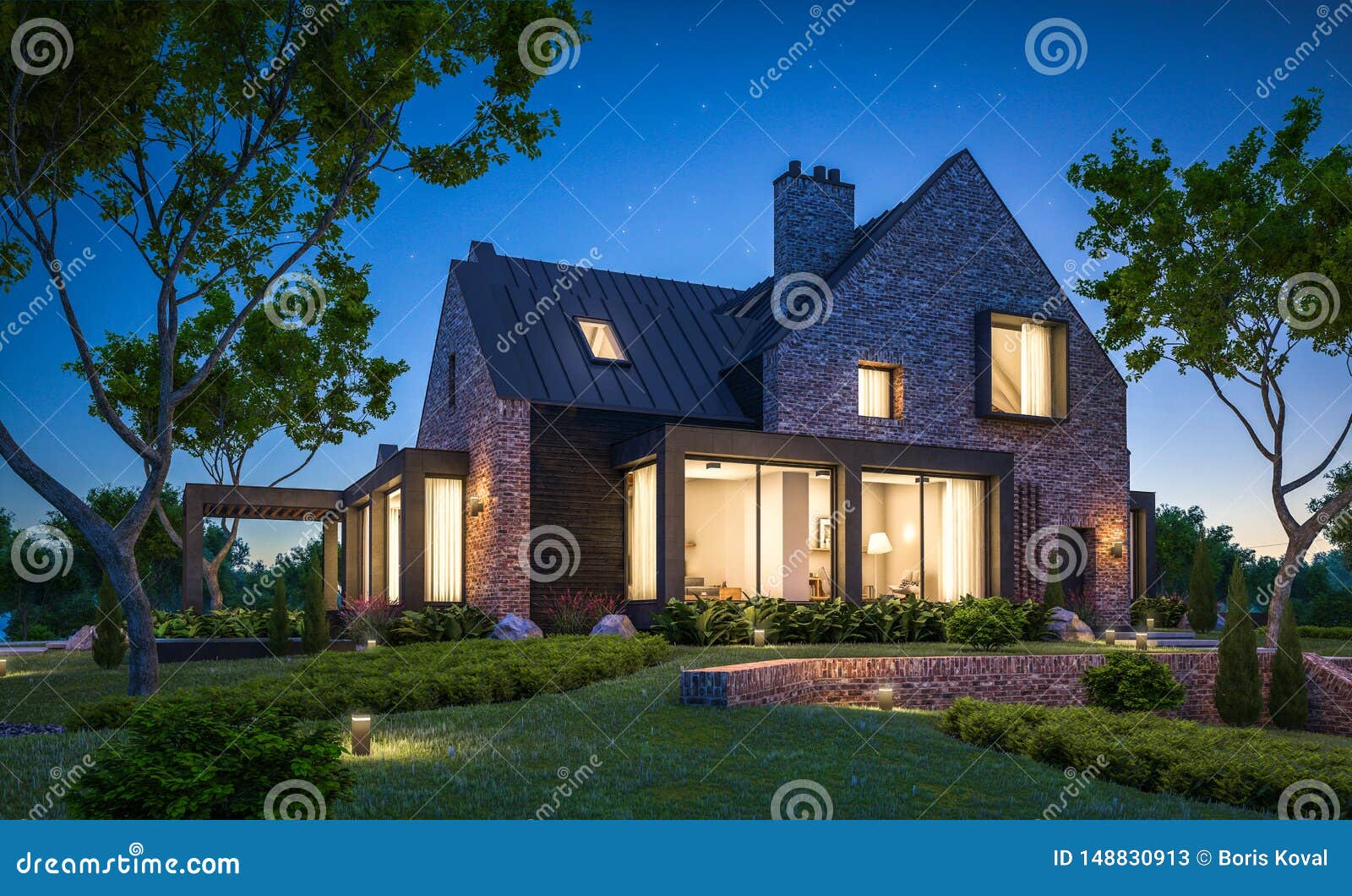 3d rendering of modern clinker house on the ponds with pool in night