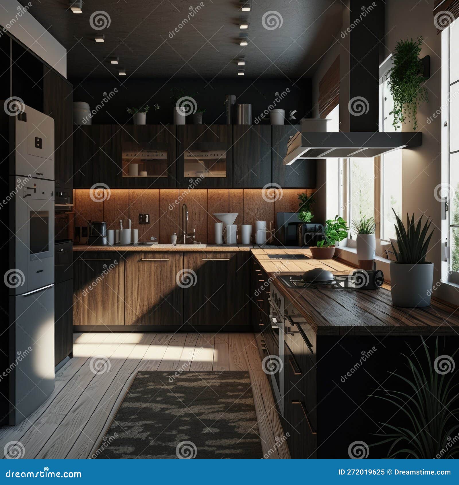 3d Rendering Modern Dark Wood Kitchen Generative AI Stock Illustration