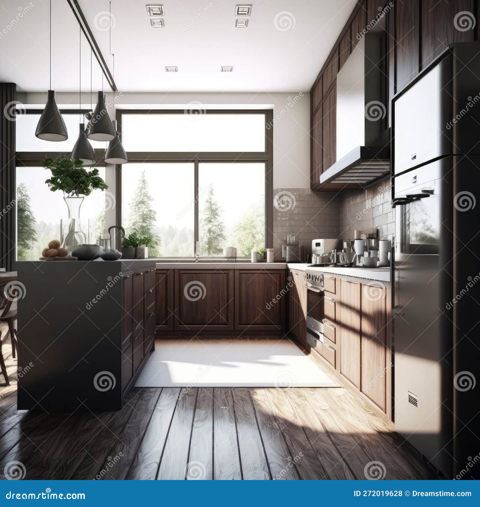 3d Rendering Modern Dark Wood Kitchen Generative AI Stock Illustration