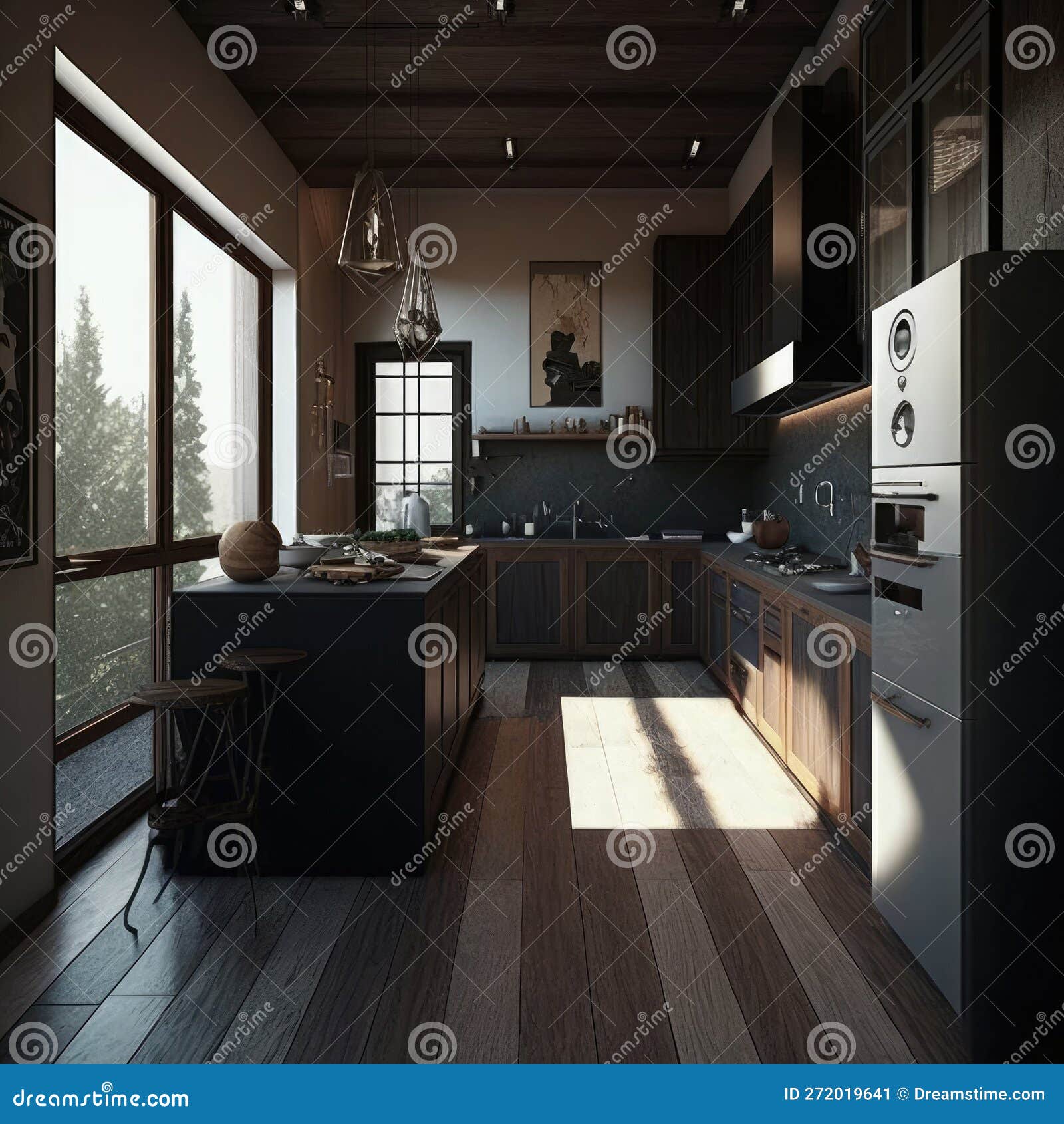 3d Rendering Modern Dark Wood Kitchen Generative AI Stock Illustration