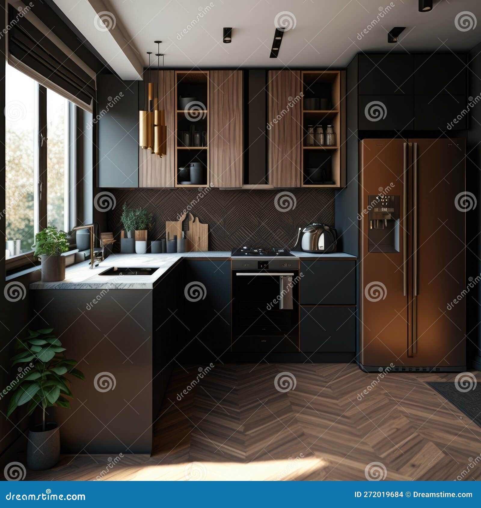 3d Rendering Modern Dark Wood Kitchen Generative AI Stock Illustration