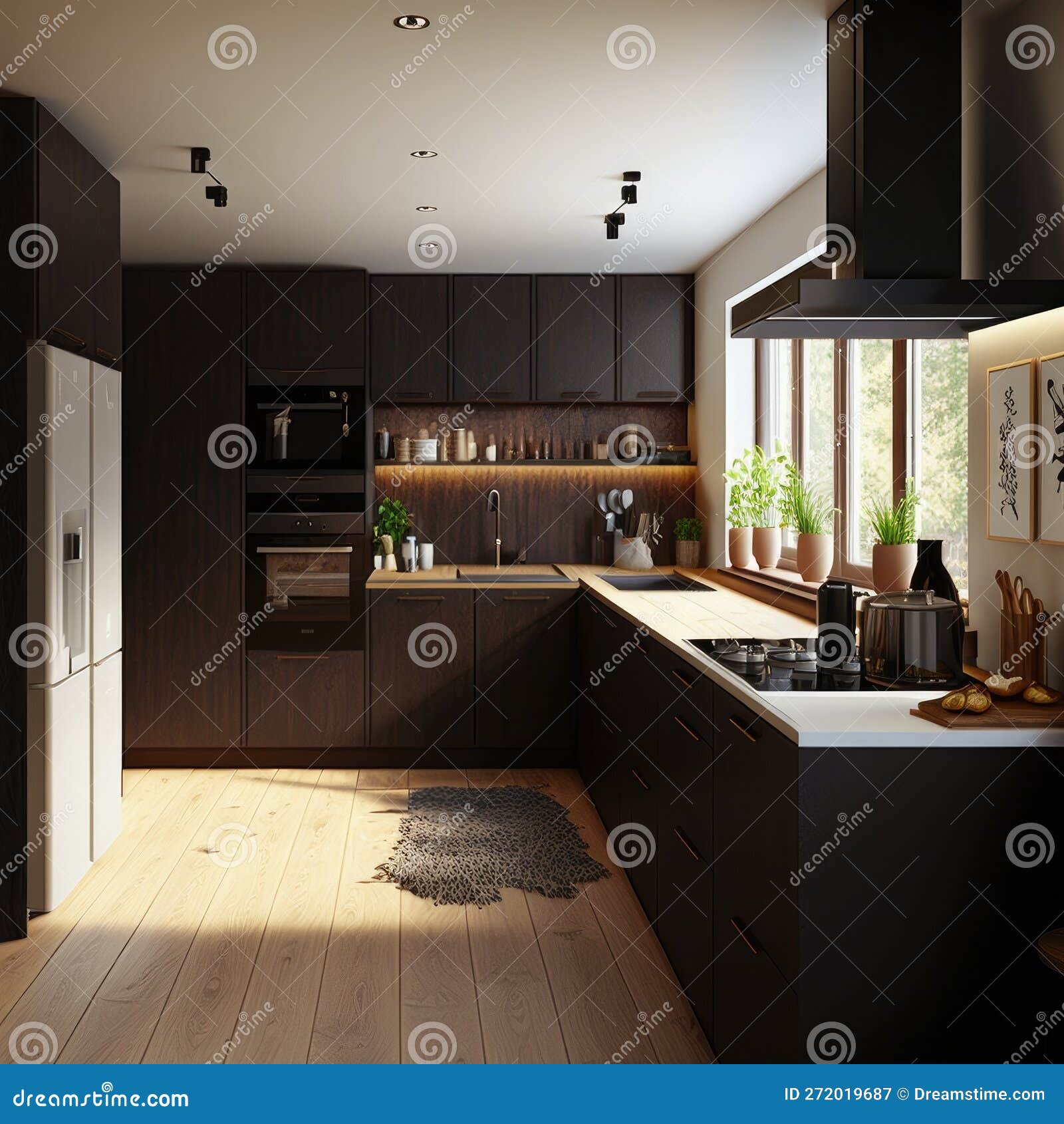 3d Rendering Modern Dark Wood Kitchen Generative AI Stock Illustration