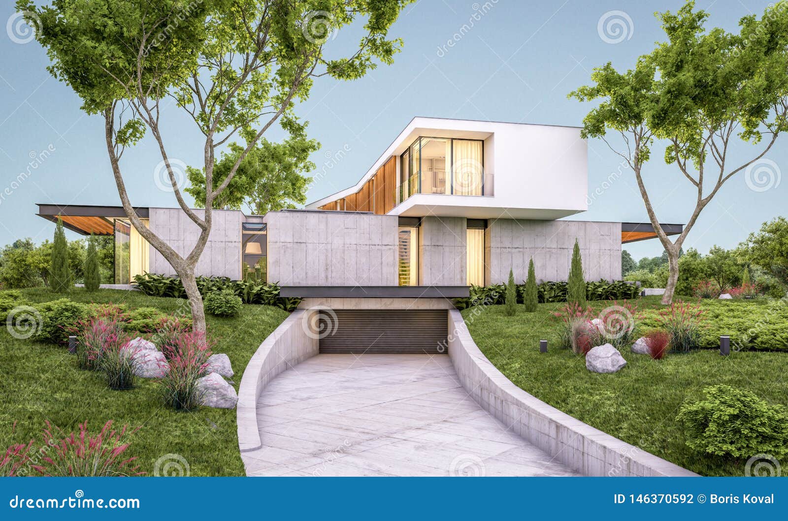 3d Rendering of Modern House on the Hill with Pool in Evening ...