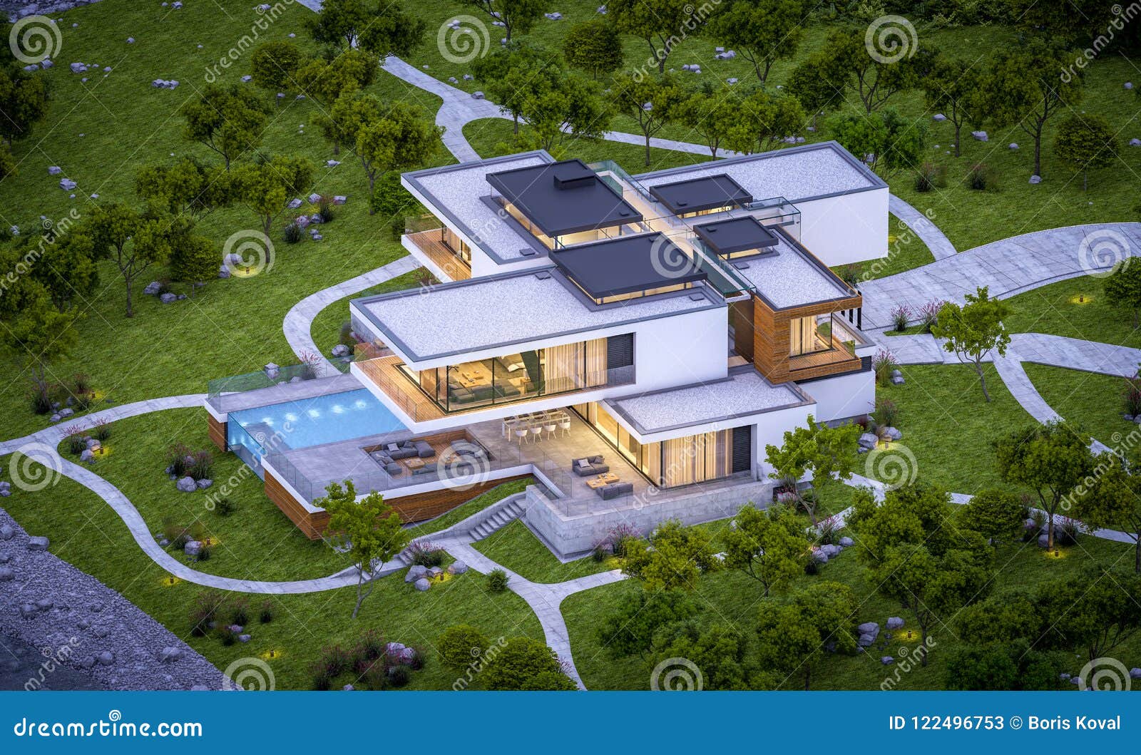 Modern House Exterior At Twilight. Luxury Villa With Garage. Stock