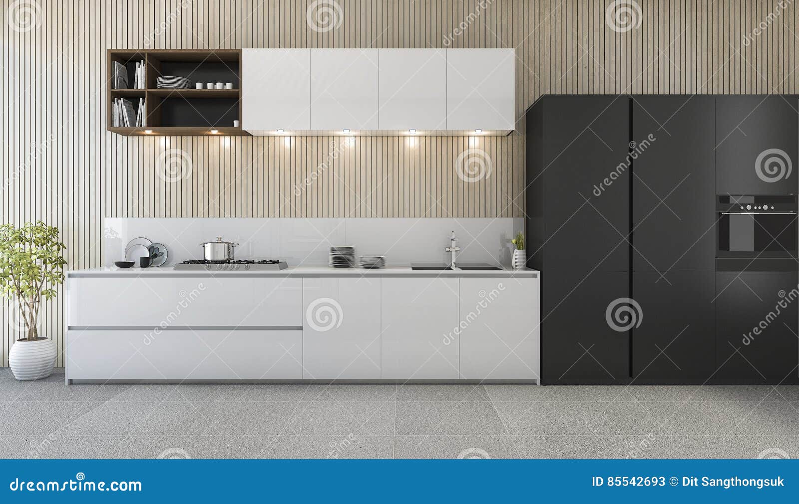 3d Rendering Modern Kitchen Counter with White and Black Design Stock