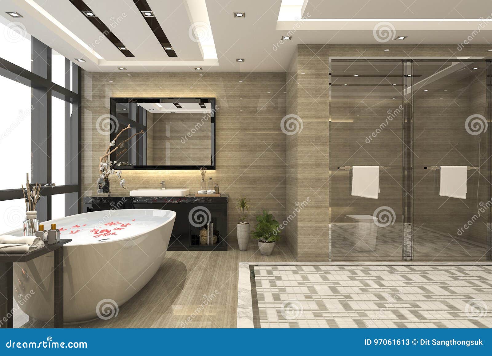 3d Rendering Modern Loft Bathroom with Luxury Tile Decor Stock ...