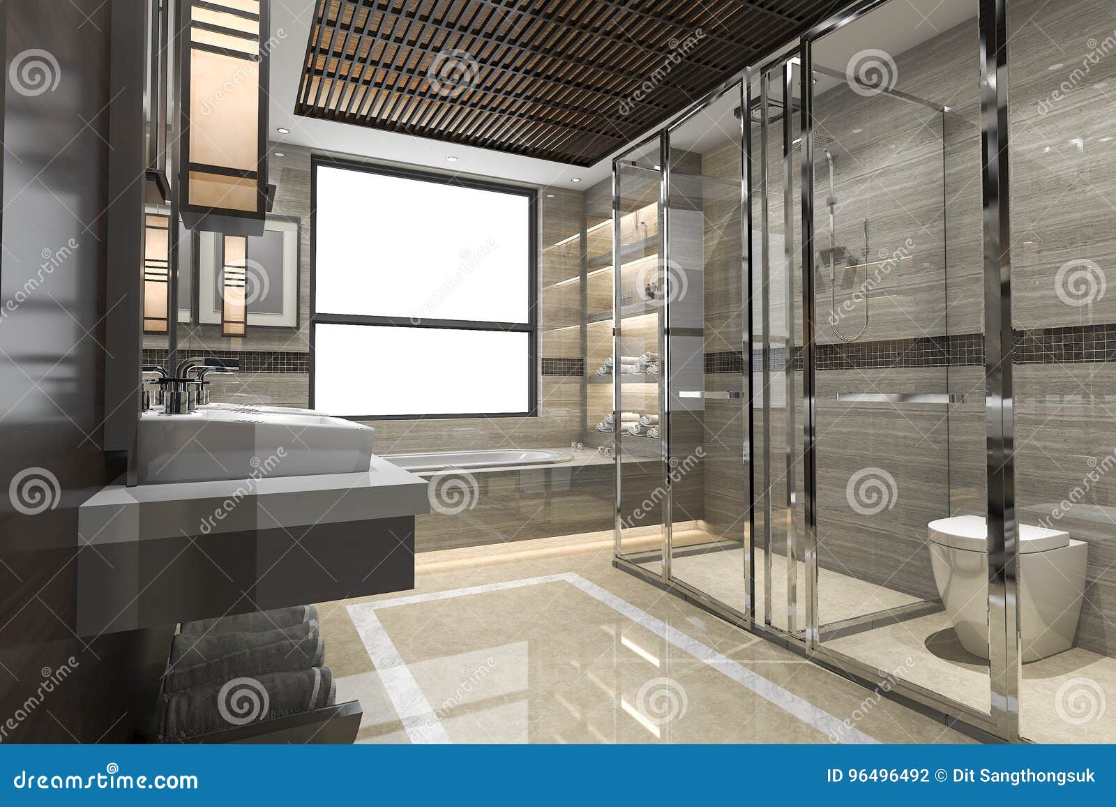 3d Rendering Modern Loft Bathroom with Luxury Tile Decor with Nice View ...