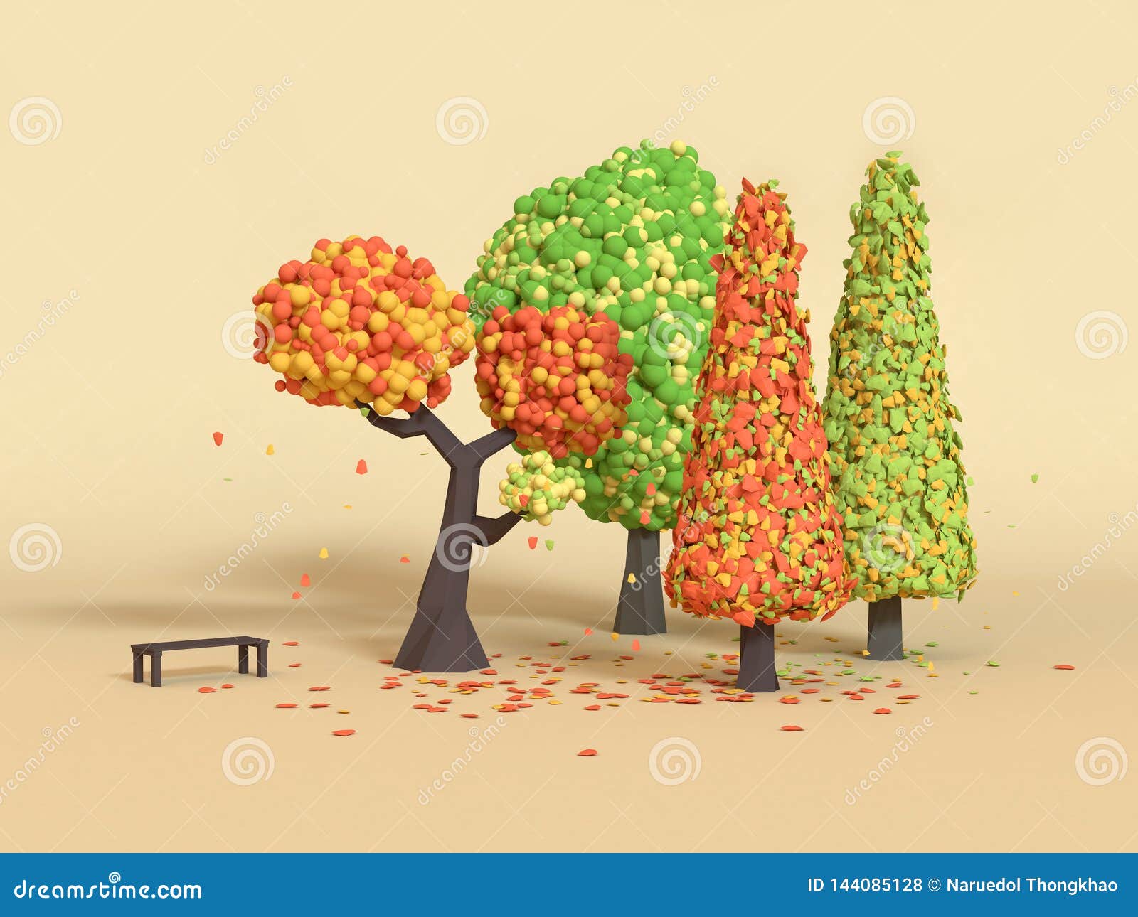3d rendering nature park low poly cartoon tree fall/autumn