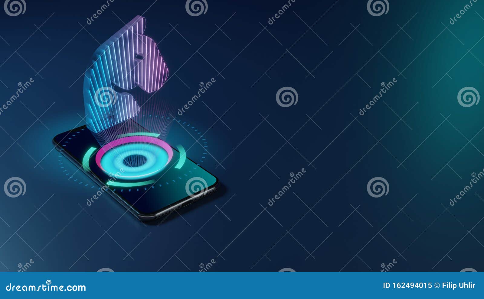 3d rendering neon holographic phone  of horse head icon on dark background