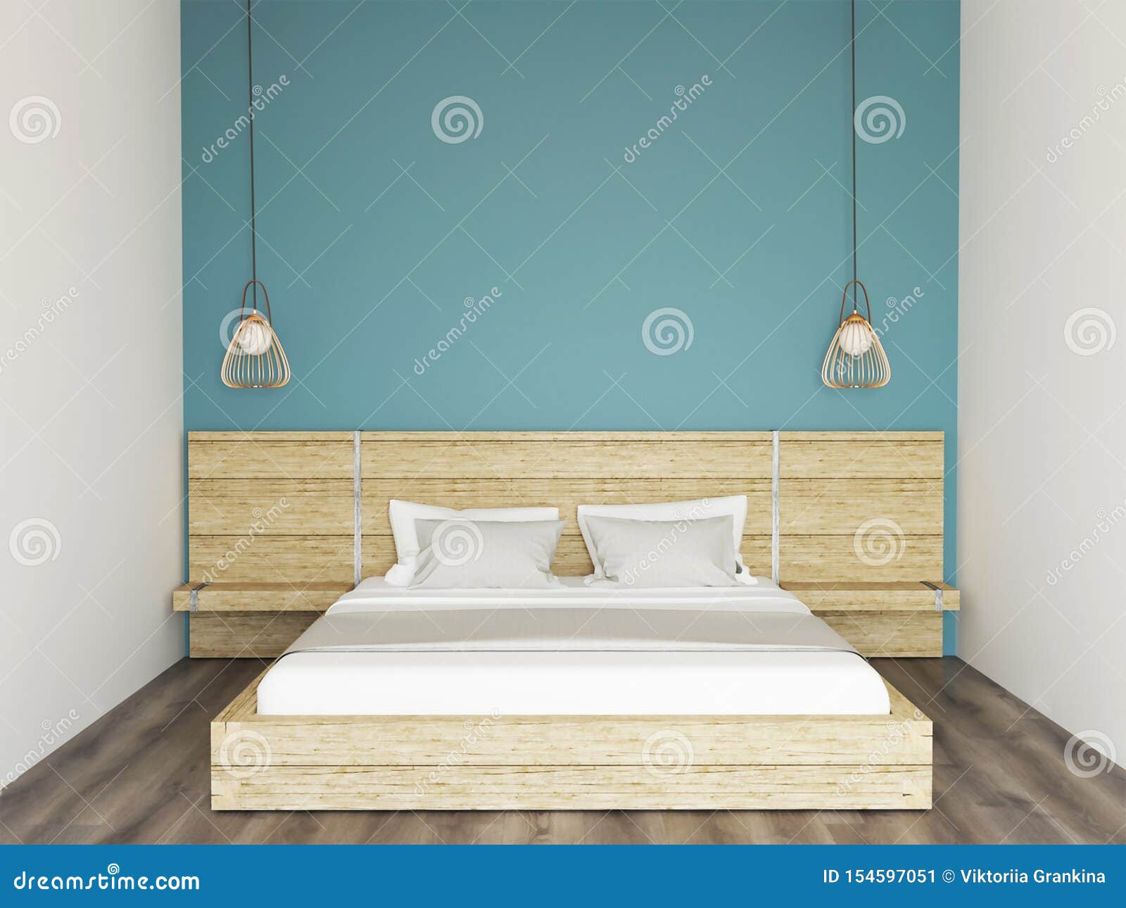 3d Rendering of New Simple Bedroom with Turquoise Wall Stock