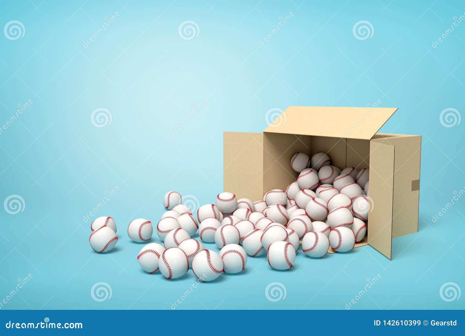 3d rendering of open cardboard box lying sidelong full of baseballs with some balls on floor.