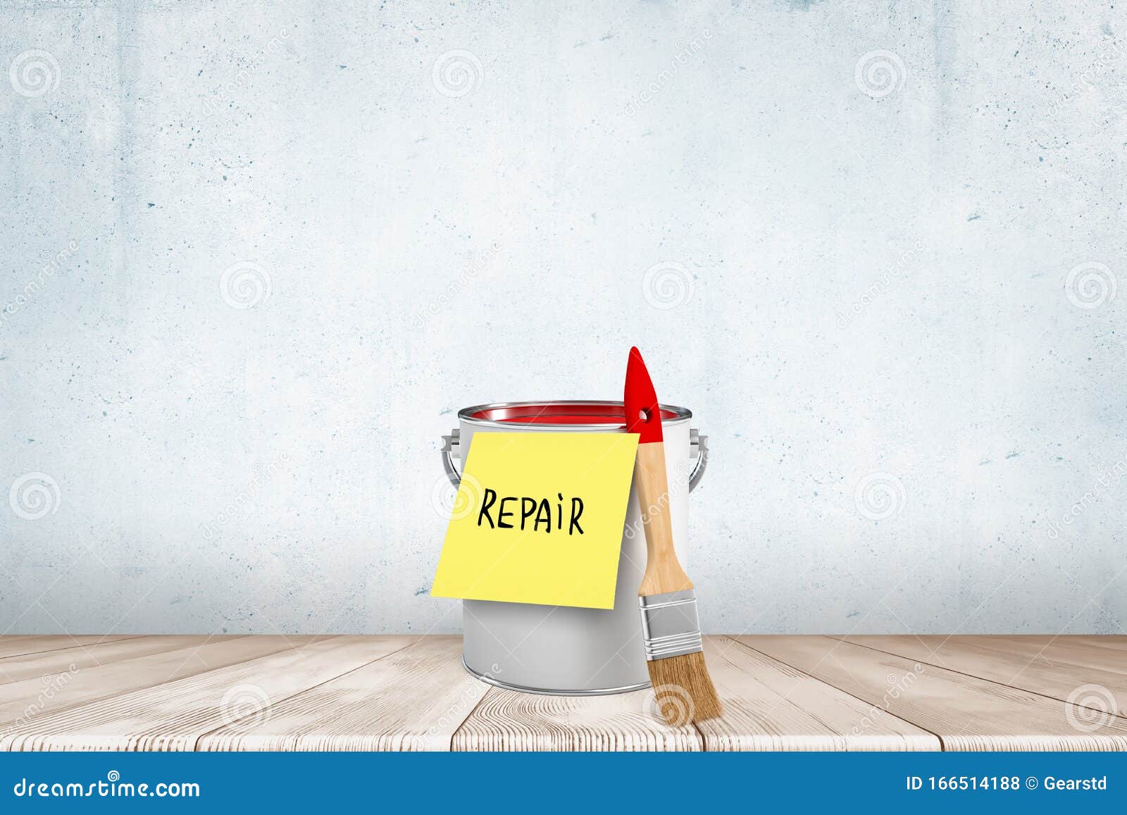 3d Rendering of Paint Brush and Bucket with Repair Note on White Wall