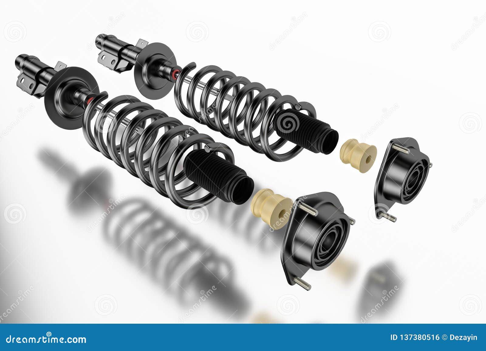3d rendering. passenger car shock absorber with dust cap, buffer mounting and strut mounting