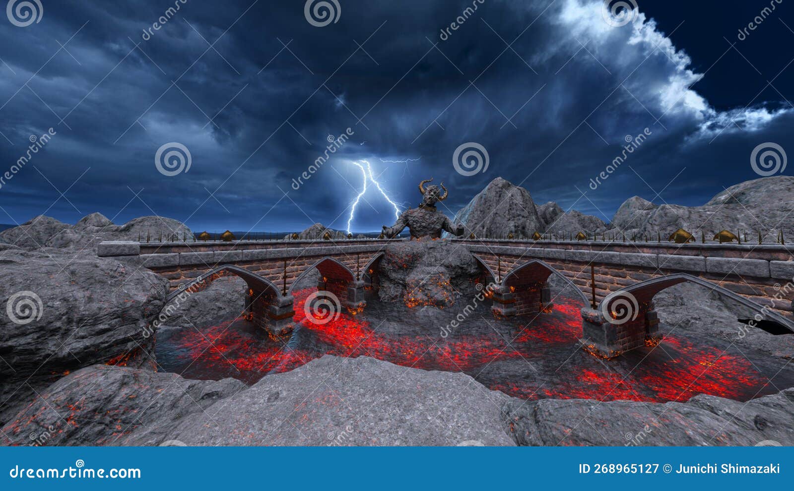 3D Rendering of the Pier with a Giant Demon Statue Stock Illustration
