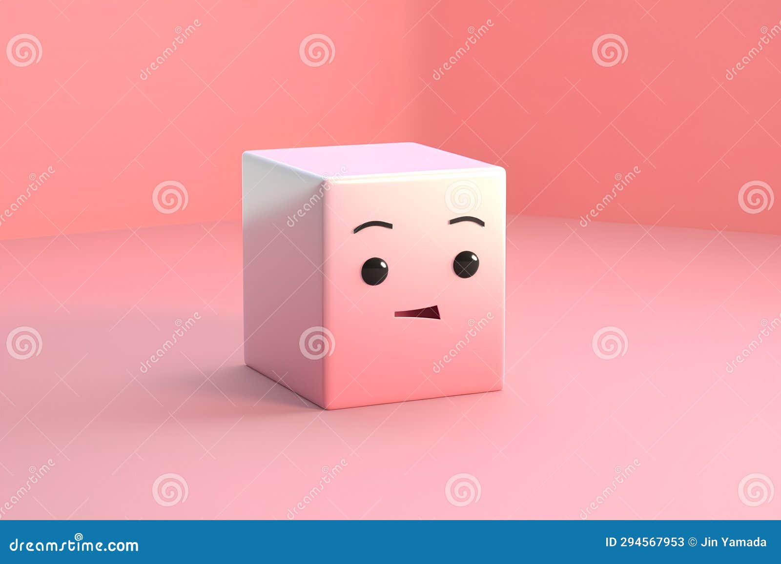 3d Rendering of a Pink Cube with a Sad Face on it Stock Illustration