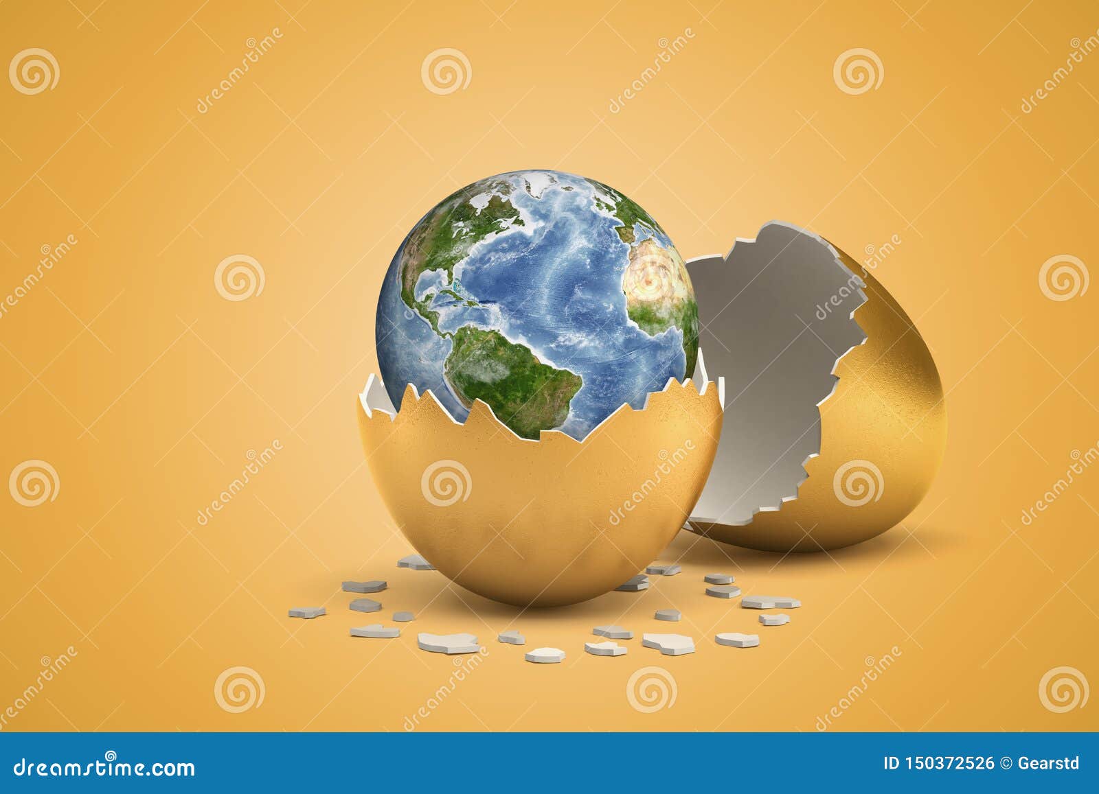 3d rendering of planet earth that just hatched out from golden egg.