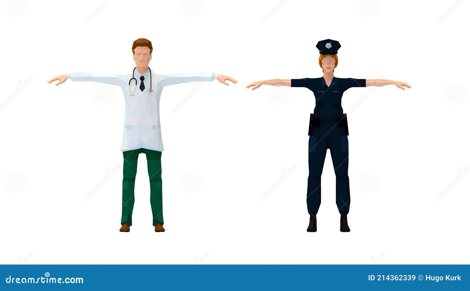 3d rendering of a polica woman in uniform and a doctor medical specialist.