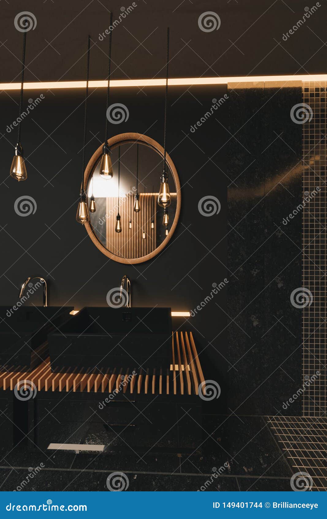 3d Rendering Of Precious Black Bathroom With Wooden Mirror And