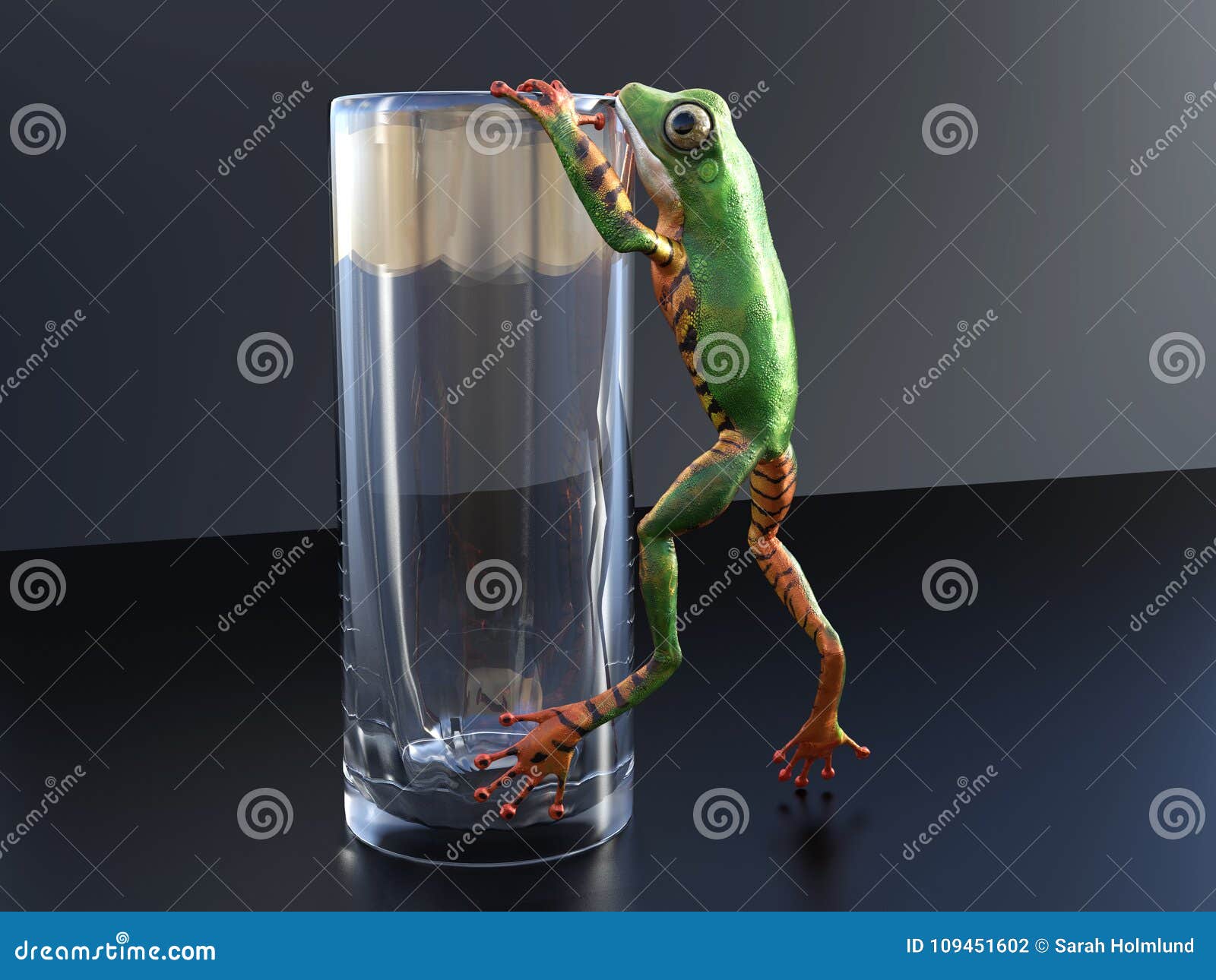 3D Rendering of a Realistic Tree Frog Climbing on a Glass. Stock