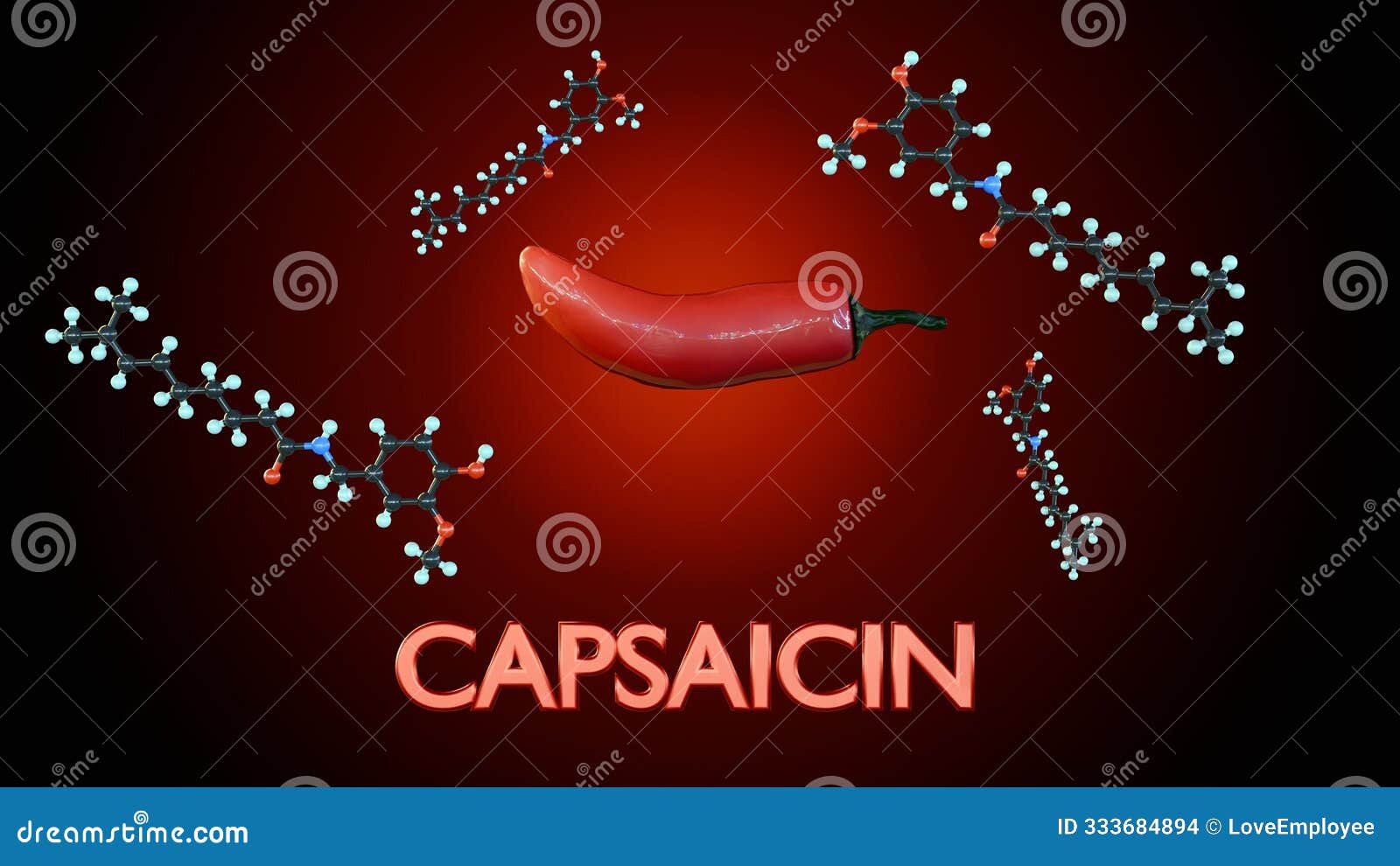 a 3d rendering of red chilis and molecular structure of capsaicin