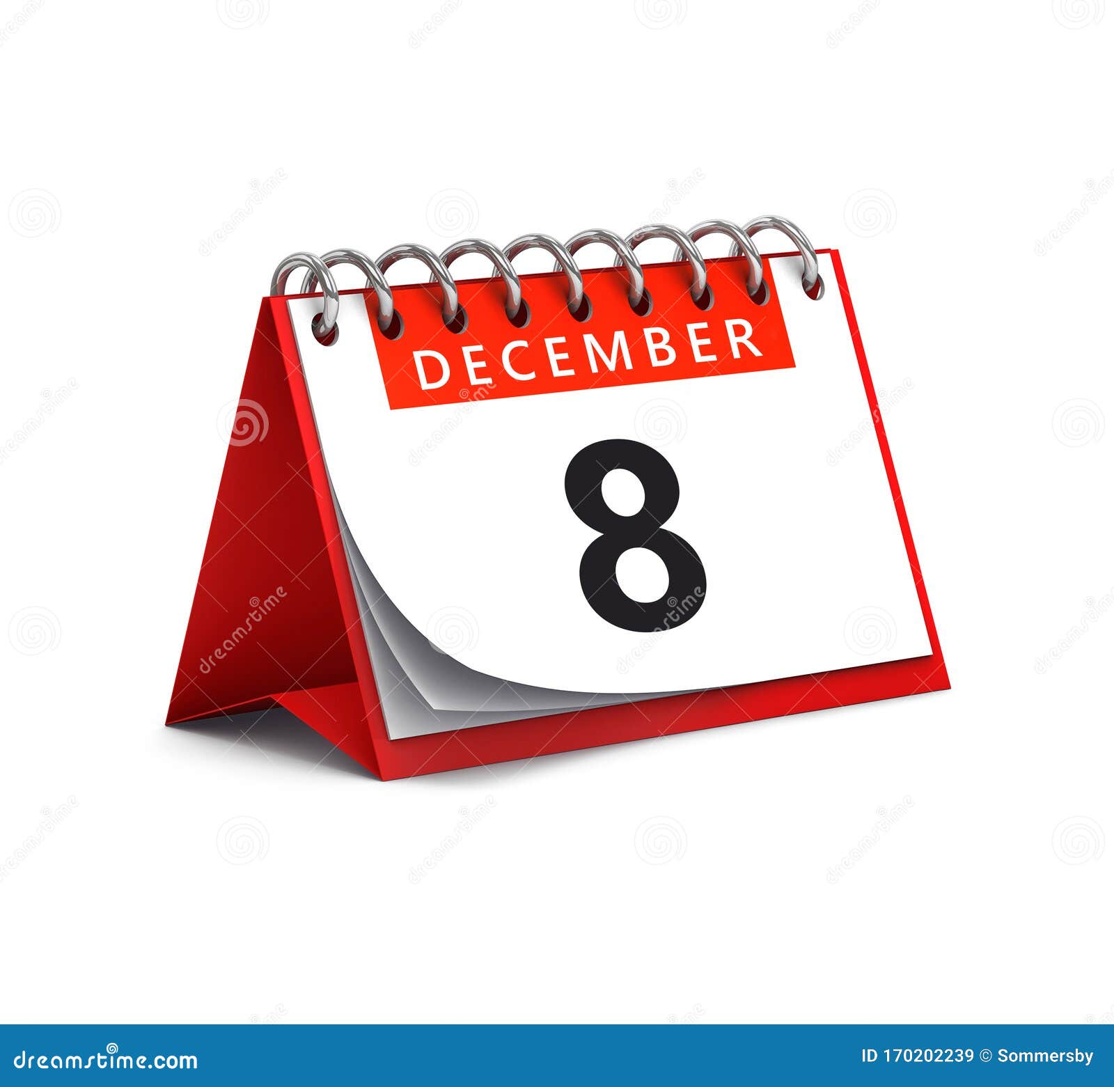 3D Rendering of Red Desk Paper December 8 Date Calendar Page Isolated